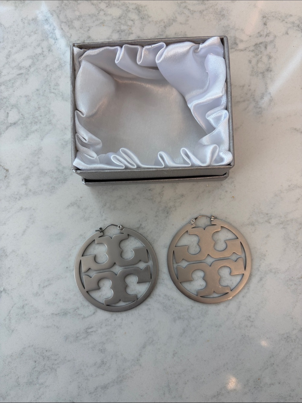 Tory Burch Silver Openwork Logo Hoop Earrings